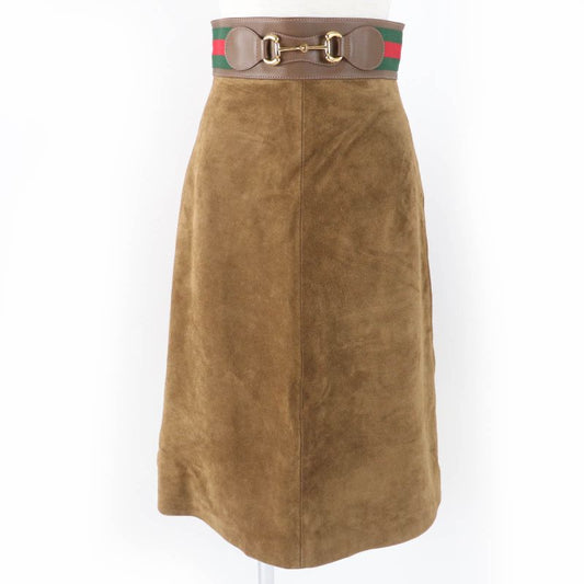 Gucci 626888 Cow Suede Horsebit Sherry Line Leather Flared Skirt Brown 36 Made