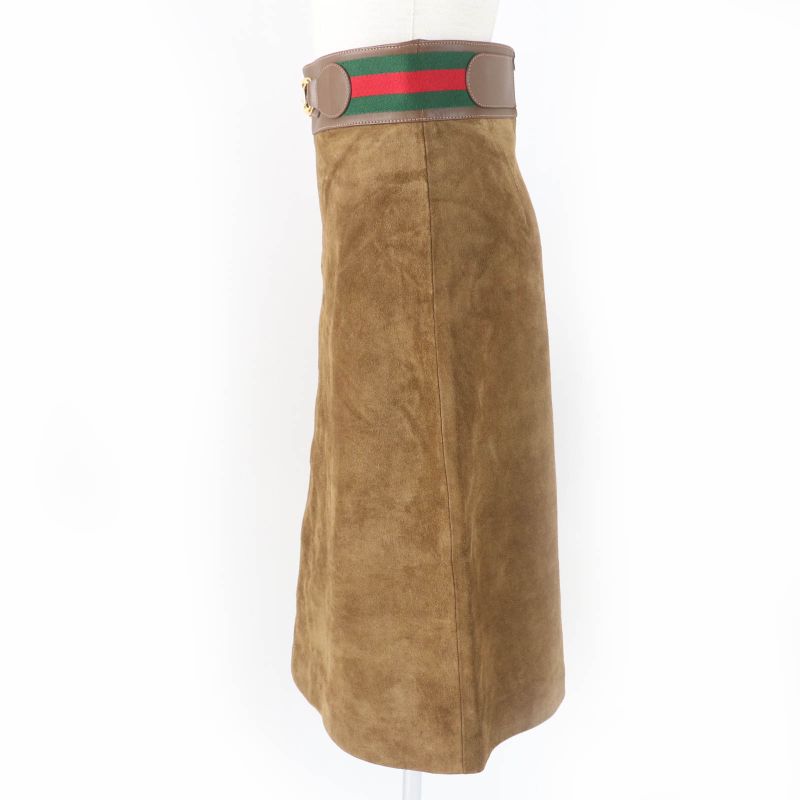 Gucci 626888 Cow Suede Horsebit Sherry Line Leather Flared Skirt Brown 36 Made