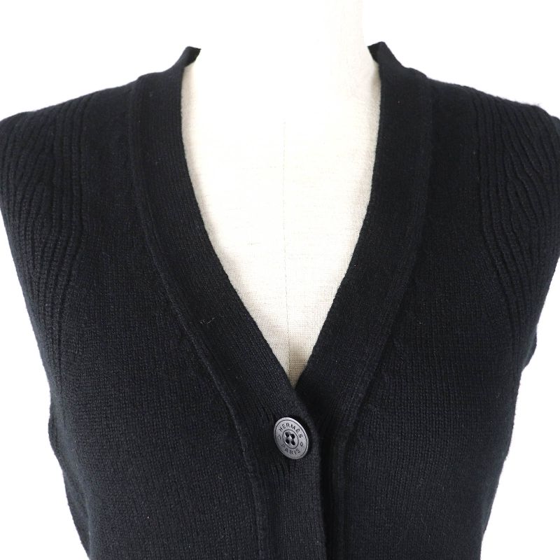 Hermes 24SS 4e2721d1 100% Cashmere Serie Design Button Short Knit Vest Black 36