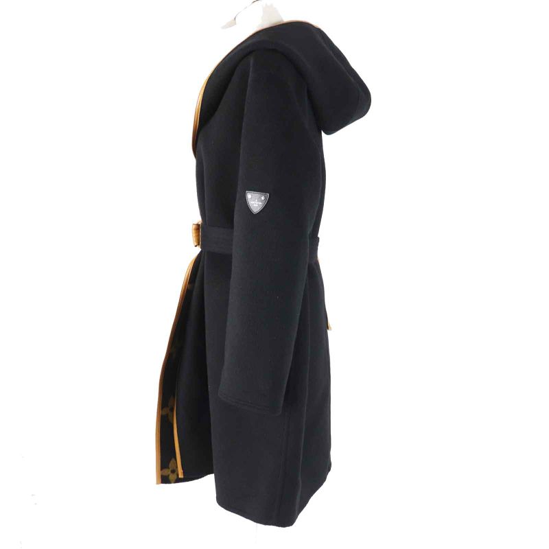 Louis Vuitton Wool Silk Giant Monogram Hooded Wrap Coat Black Brown 38 With