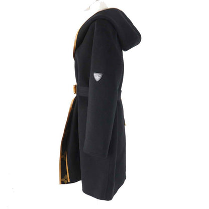 Louis Vuitton Wool Silk Giant Monogram Hooded Wrap Coat Black Brown 38 With