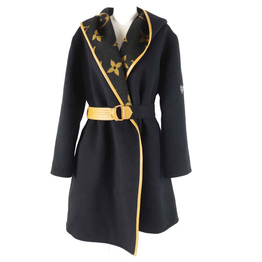 Louis Vuitton Wool Silk Giant Monogram Hooded Wrap Coat Black Brown 38 With