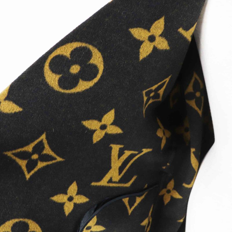 Louis Vuitton Wool Silk Giant Monogram Hooded Wrap Coat Black Brown 38 With