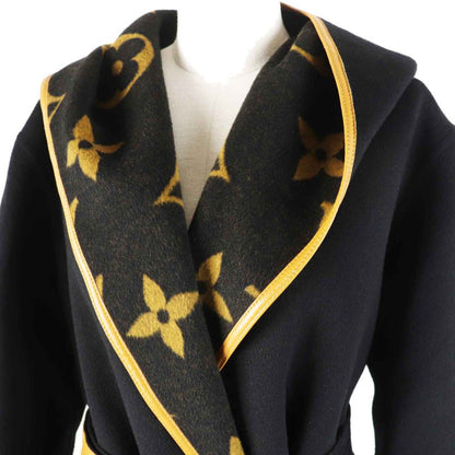Louis Vuitton Wool Silk Giant Monogram Hooded Wrap Coat Black Brown 38 With