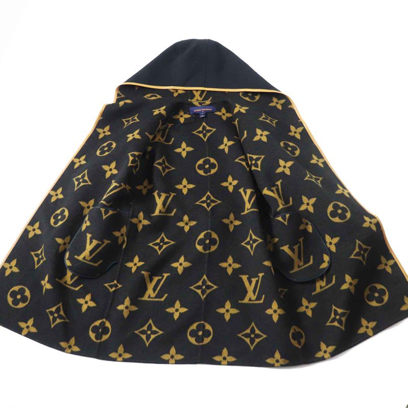 Louis Vuitton Wool Silk Giant Monogram Hooded Wrap Coat Black Brown 38 With