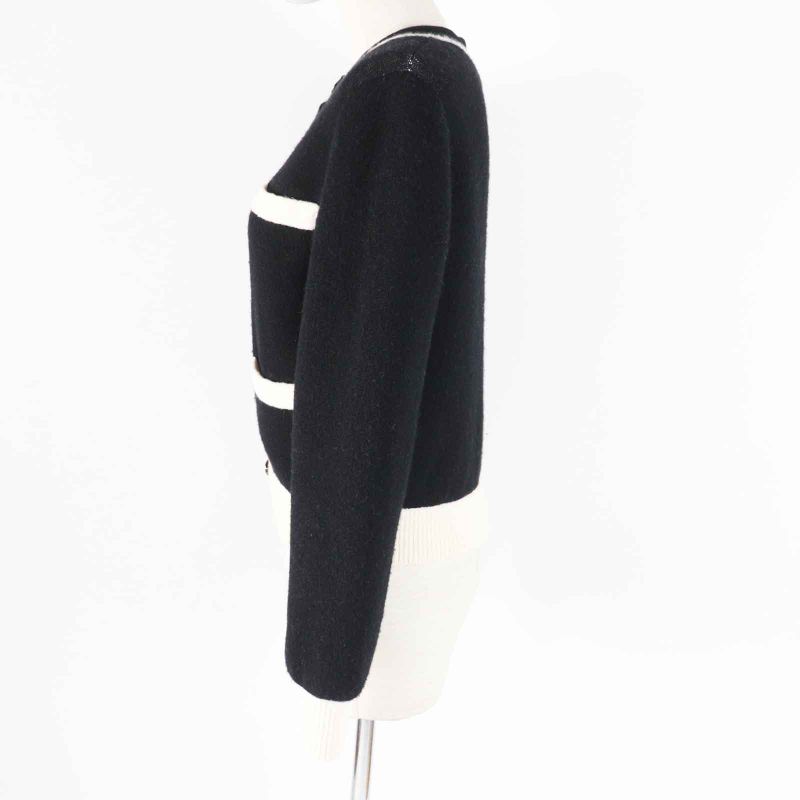 CHANEL P71365 Cashmere Silk Bicolor 4 Pockets Long Sleeve Knit Cardigan Black