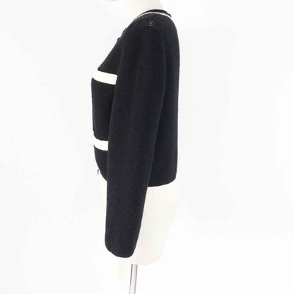 CHANEL P71365 Cashmere Silk Bicolor 4 Pockets Long Sleeve Knit Cardigan Black