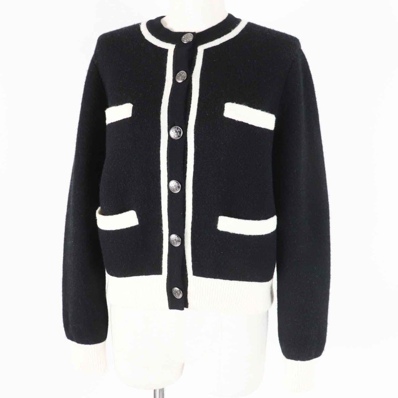 CHANEL P71365 Cashmere Silk Bicolor 4 Pockets Long Sleeve Knit Cardigan Black