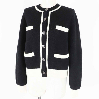 CHANEL P71365 Cashmere Silk Bicolor 4 Pockets Long Sleeve Knit Cardigan Black