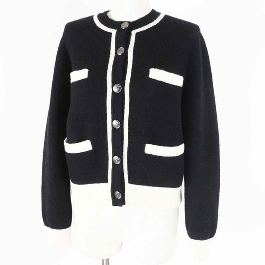 CHANEL P71365 Cashmere Silk Bicolor 4 Pockets Long Sleeve Knit Cardigan Black