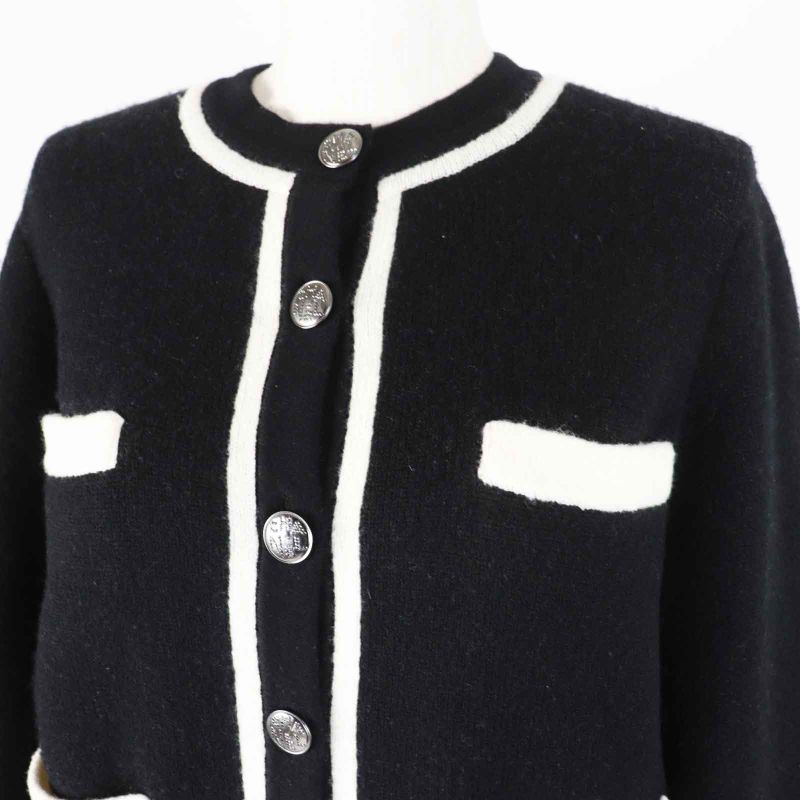 CHANEL P71365 Cashmere Silk Bicolor 4 Pockets Long Sleeve Knit Cardigan Black