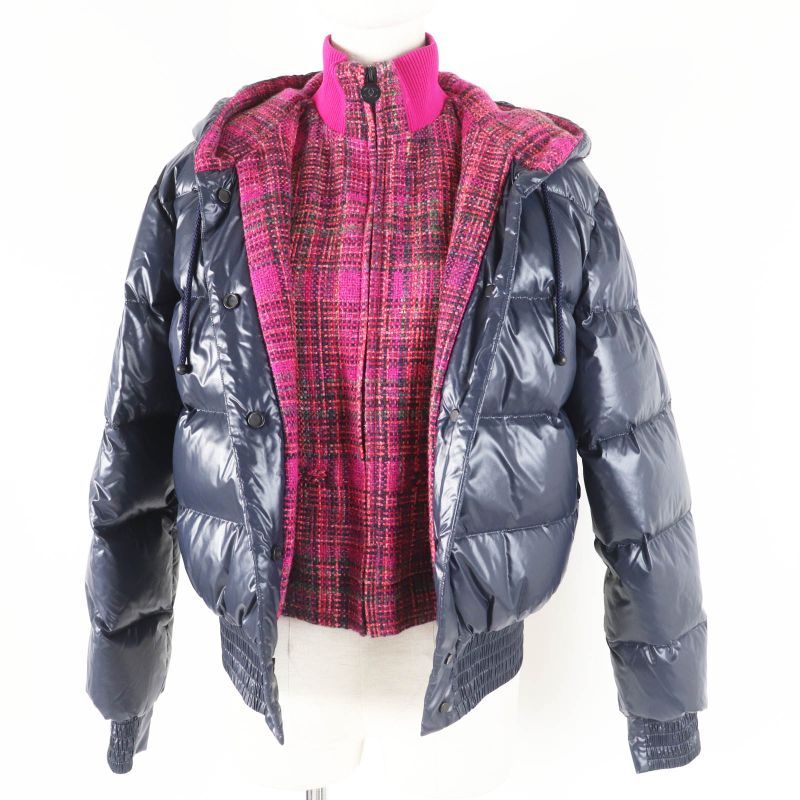 CHANEL P59432 Coconage Tweed Nylon Layered Style Down Jacket Dark Navy Pinkish