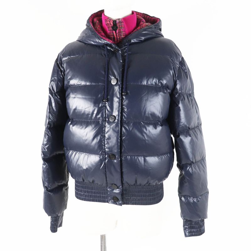 CHANEL P59432 Coconage Tweed Nylon Layered Style Down Jacket Dark Navy Pinkish