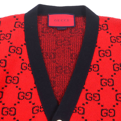 Gucci 661156 Wool GG Pattern V-neck Logo Button Knit Cardigan Red Black M Made
