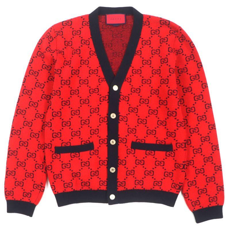 Gucci 661156 Wool GG Pattern V-neck Logo Button Knit Cardigan Red Black M Made