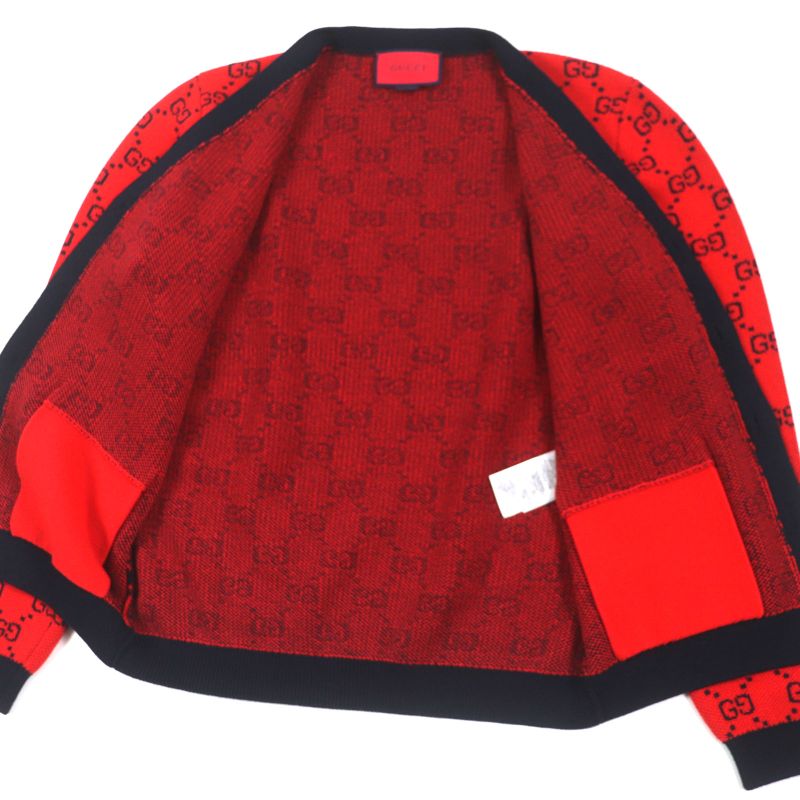 Gucci 661156 Wool GG Pattern V-neck Logo Button Knit Cardigan Red Black M Made