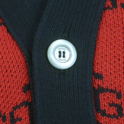 Gucci 661156 Wool GG Pattern V-neck Logo Button Knit Cardigan Red Black M Made
