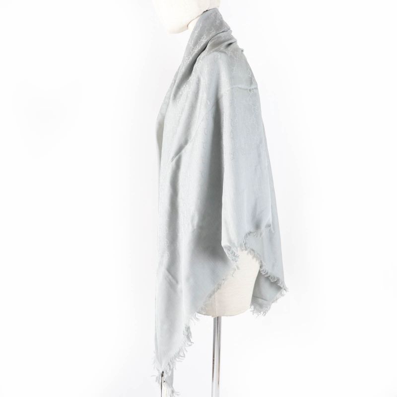 Gucci 387563 Wool Silk GG Pattern Fringed Large Scarf Shawl Grey 135x135cm