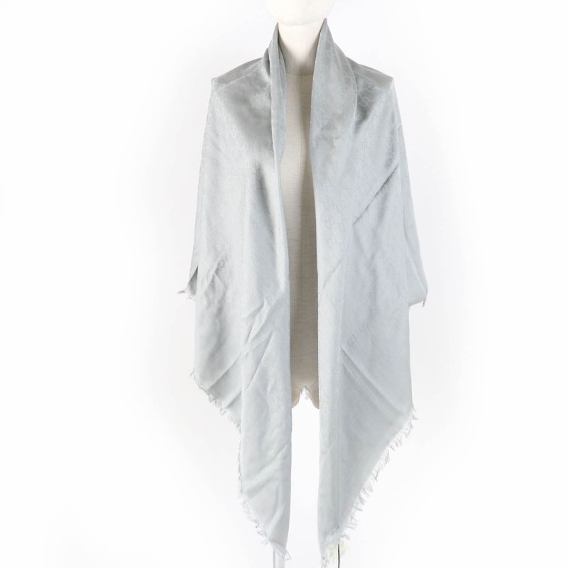 Gucci 387563 Wool Silk GG Pattern Fringed Large Scarf Shawl Grey 135x135cm