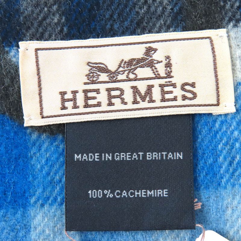 Hermes 2024 Tartan Maillon 100% Cashmere Anthracite/blue Logo Embroidery Chaine