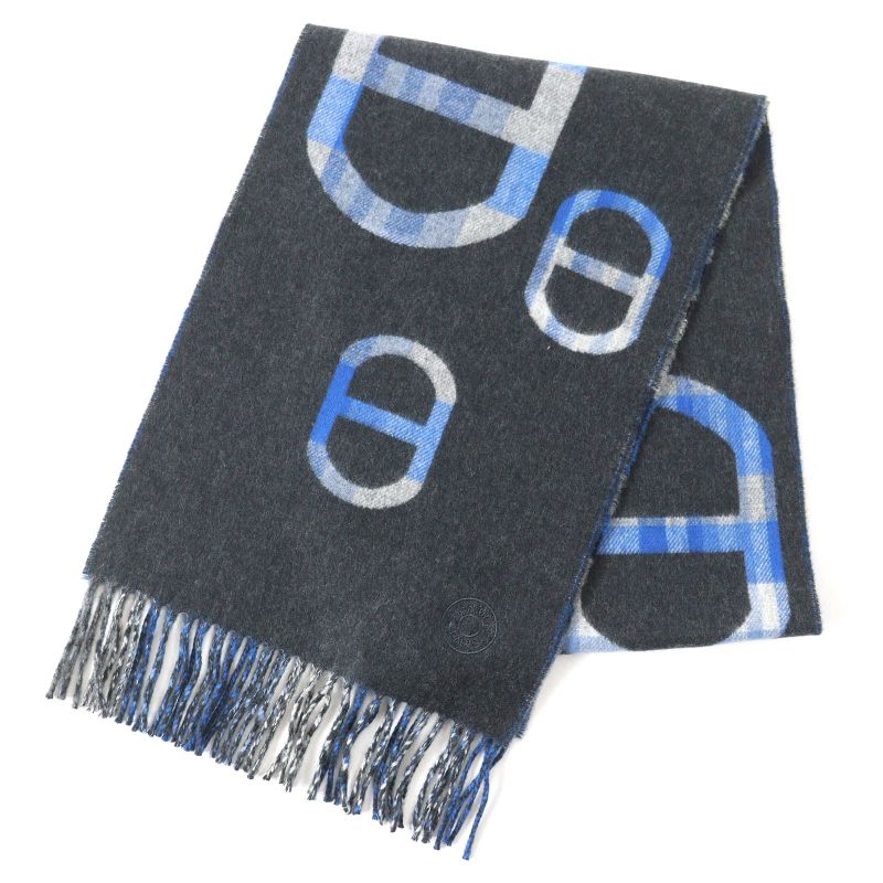 Hermes 2024 Tartan Maillon 100% Cashmere Anthracite/blue Logo Embroidery Chaine