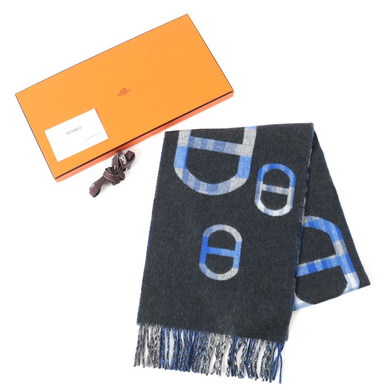 Hermes 2024 Tartan Maillon 100% Cashmere Anthracite/blue Logo Embroidery Chaine