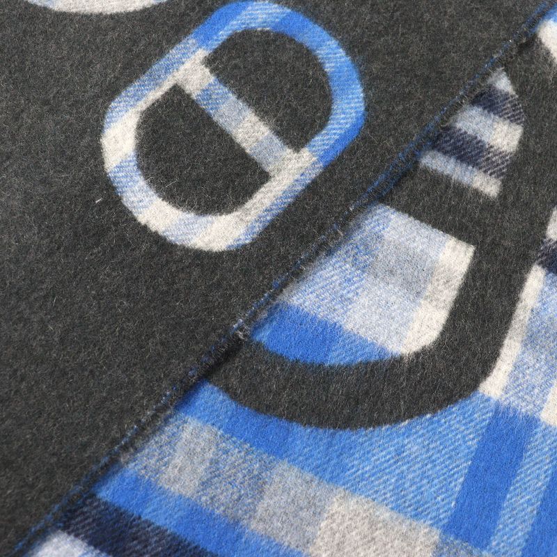 Hermes 2024 Tartan Maillon 100% Cashmere Anthracite/blue Logo Embroidery Chaine