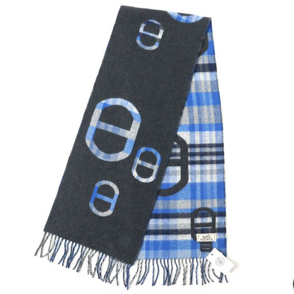 Hermes 2024 Tartan Maillon 100% Cashmere Anthracite/blue Logo Embroidery Chaine