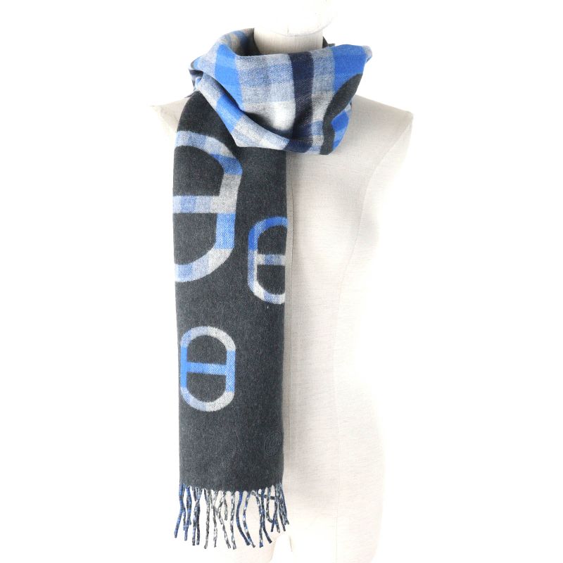 Hermes 2024 Tartan Maillon 100% Cashmere Anthracite/blue Logo Embroidery Chaine