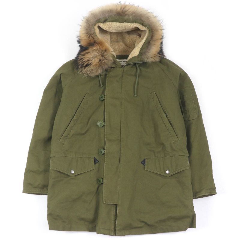 Saint Laurent Paris 19AW 583272 Lined Mouton Raccoon Fur Mod Coat Khaki 48 With