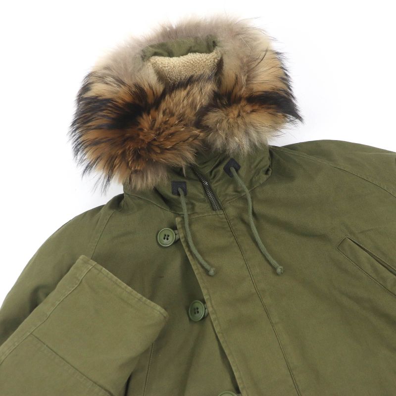 Saint Laurent Paris 19AW 583272 Lined Mouton Raccoon Fur Mod Coat Khaki 48 With