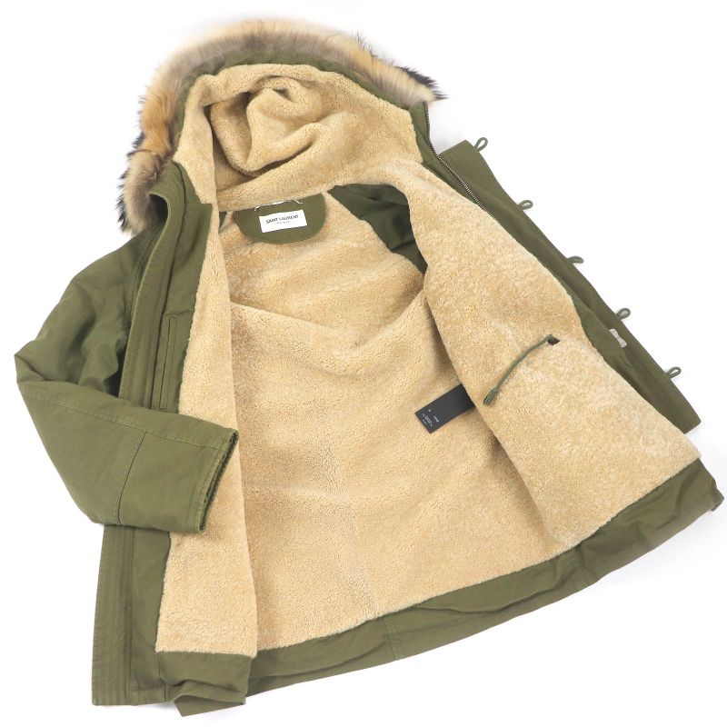 Saint Laurent Paris 19AW 583272 Lined Mouton Raccoon Fur Mod Coat Khaki 48 With