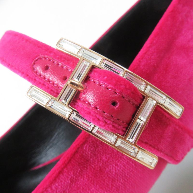 Hermes Jane Fuchsia Current Model With Crystals Api Buckle Velour Ballet Shoes