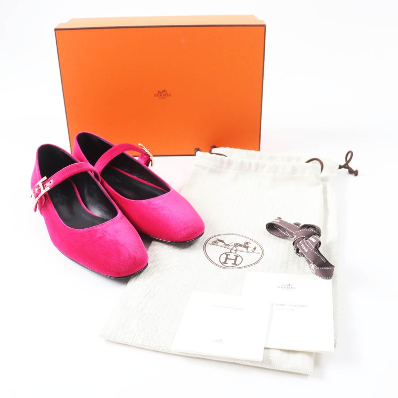 Hermes Jane Fuchsia Current Model With Crystals Api Buckle Velour Ballet Shoes