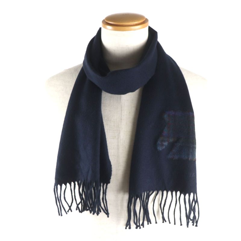 Hermes Highlands 100% Cashmere Horse Motif Logo Embroidery Fringe Checked