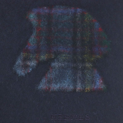 Hermes Highlands 100% Cashmere Horse Motif Logo Embroidery Fringe Checked