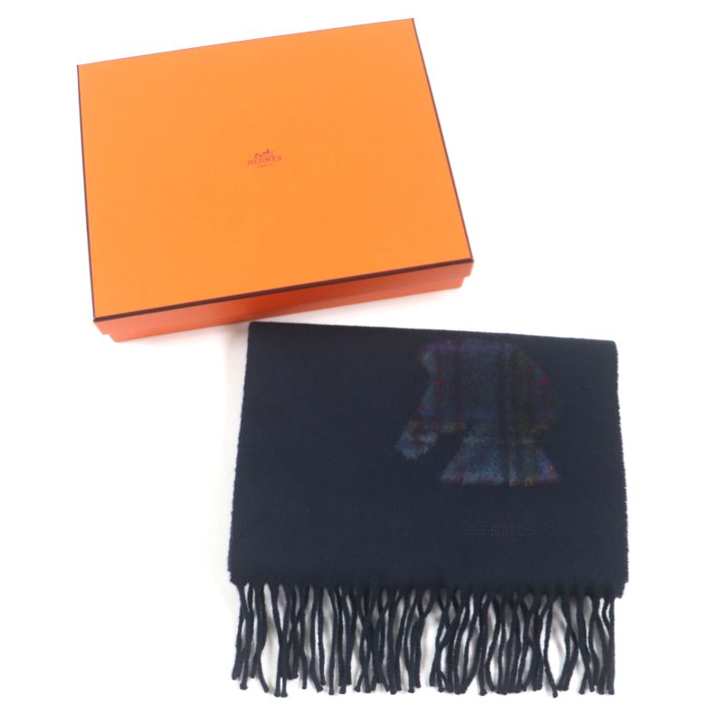 Hermes Highlands 100% Cashmere Horse Motif Logo Embroidery Fringe Checked