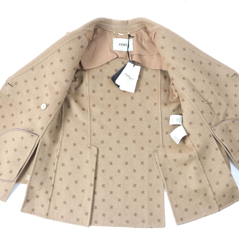 Fendi 2021 Fj7221 100% Camel FF Calligraphy Lined Pea Coat Light Brown 38 Made