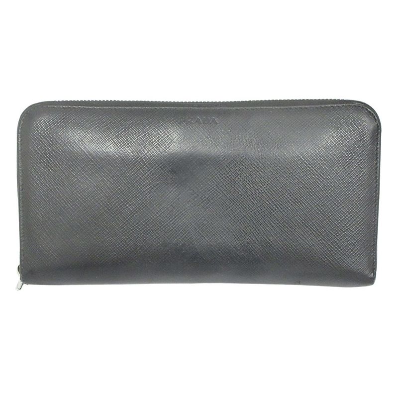 Prada Long Wallet Round Zipper Saffiano Leather Long Wallet Logo Black Mens Used