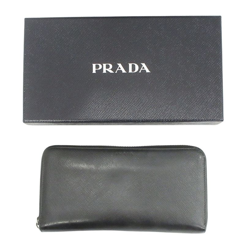Prada Long Wallet Round Zipper Saffiano Leather Long Wallet Logo Black Mens Used