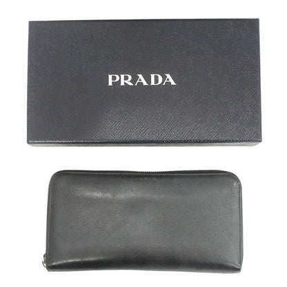 Prada Long Wallet Round Zipper Saffiano Leather Long Wallet Logo Black Mens Used