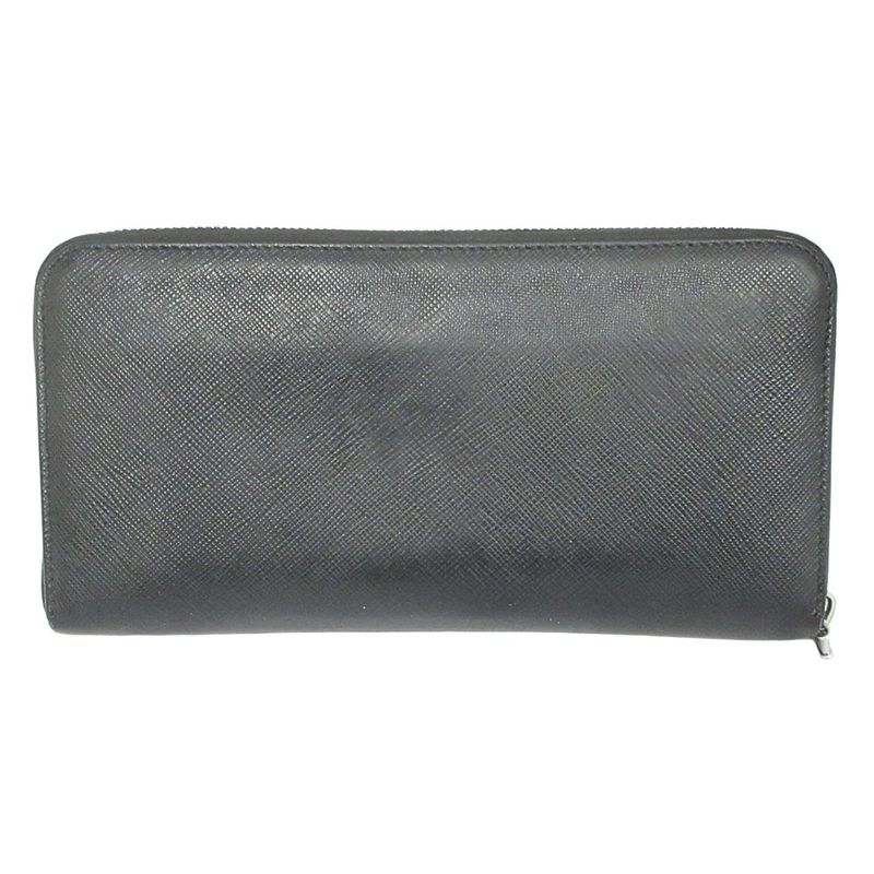Prada Long Wallet Round Zipper Saffiano Leather Long Wallet Logo Black Mens Used