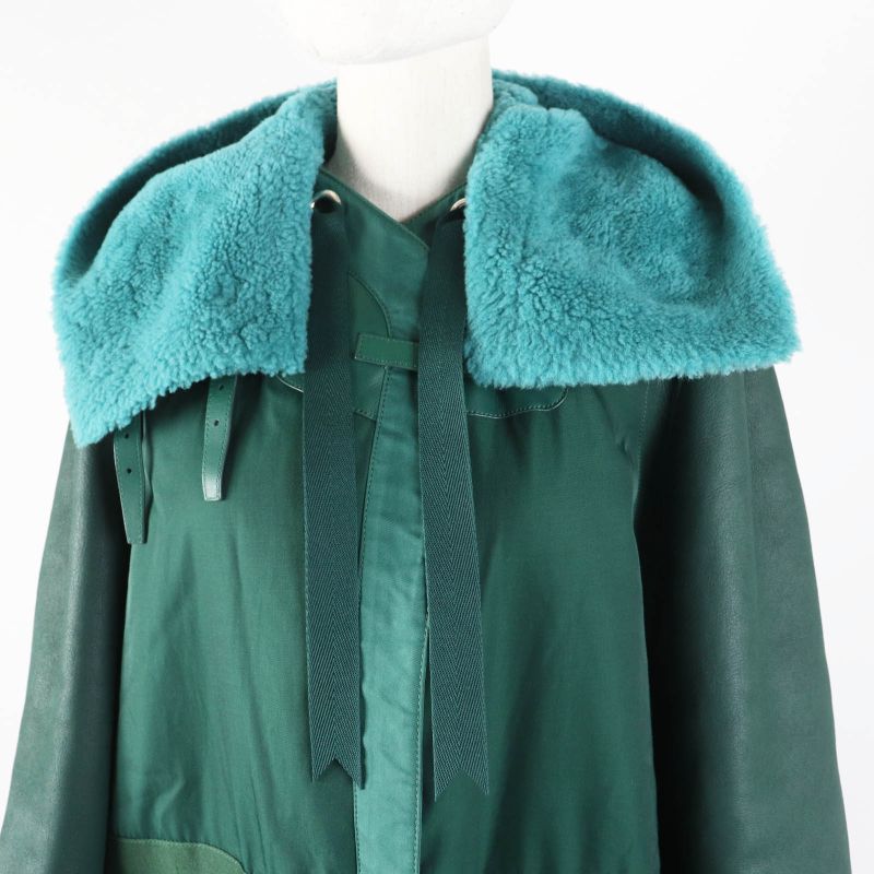 Hermes Long Length Mouton Coat With Serie Buttons Switch Design Green 34