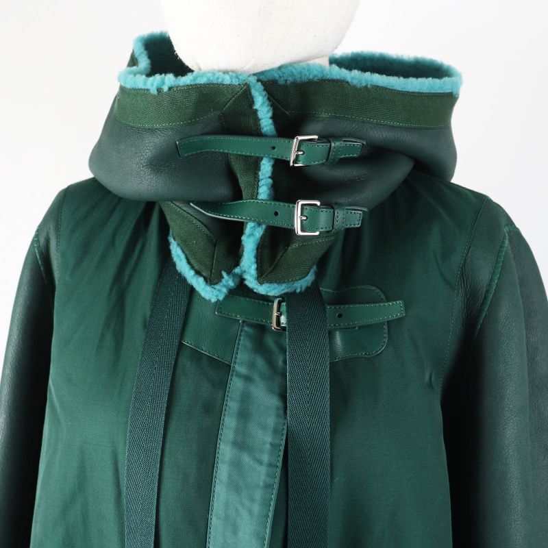 Hermes Long Length Mouton Coat With Serie Buttons Switch Design Green 34