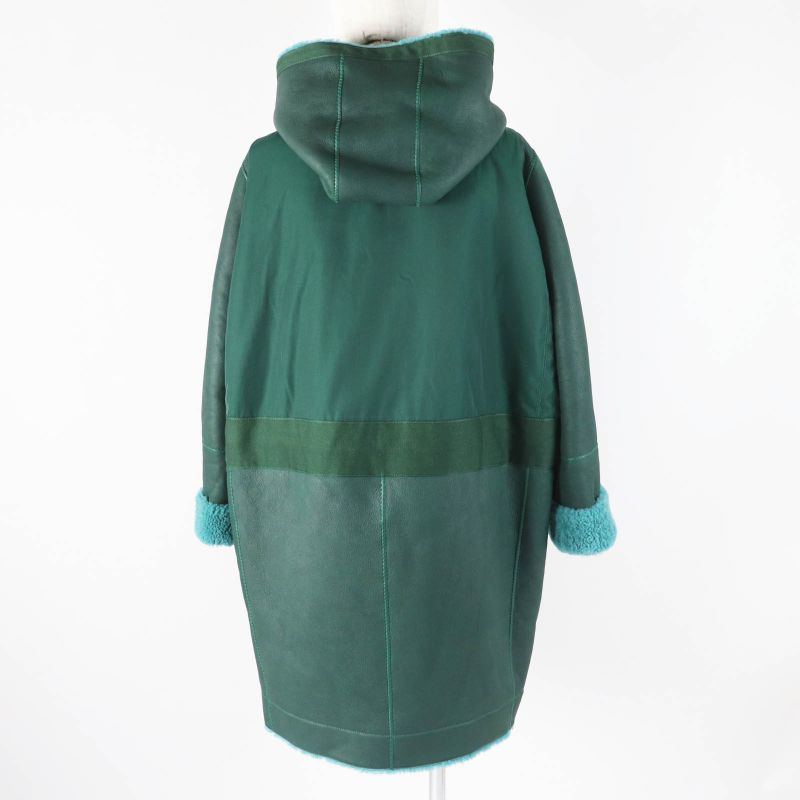 Hermes Long Length Mouton Coat With Serie Buttons Switch Design Green 34