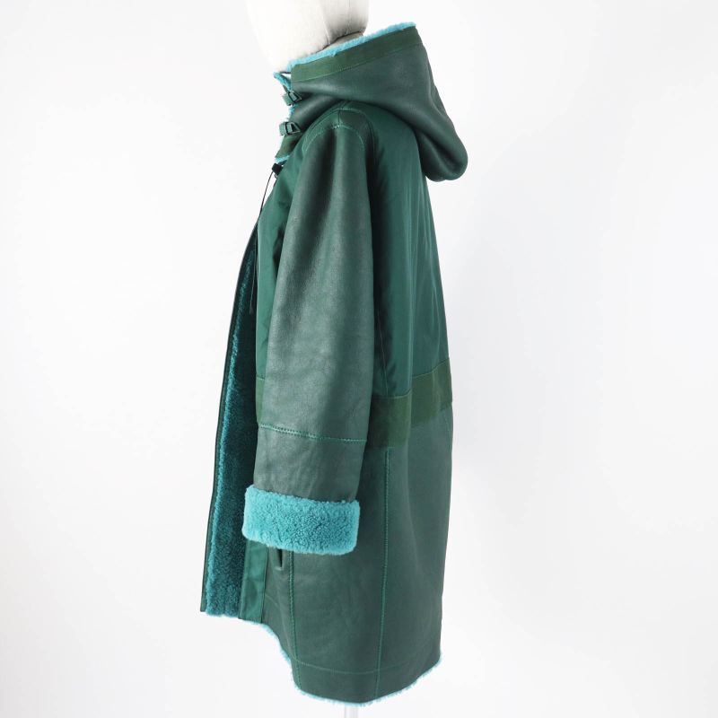 Hermes Long Length Mouton Coat With Serie Buttons Switch Design Green 34