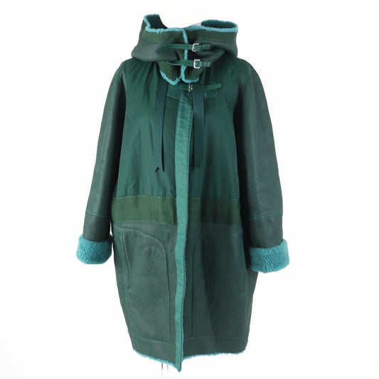 Hermes Long Length Mouton Coat With Serie Buttons Switch Design Green 34