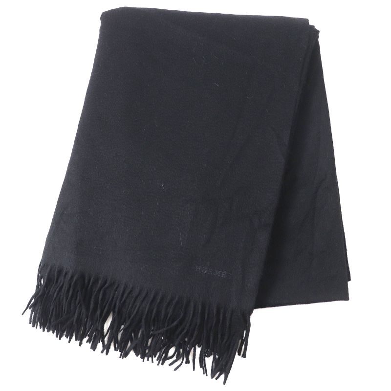Hermes 100% Cashmere Logo Embroidery Fringe Super Large Shawl Scarf Black Made