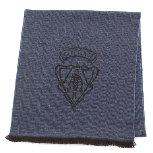 Gucci 344993 Wool Cles Stole Scarf With Fringe Blue Herringbone Pattern 40 X