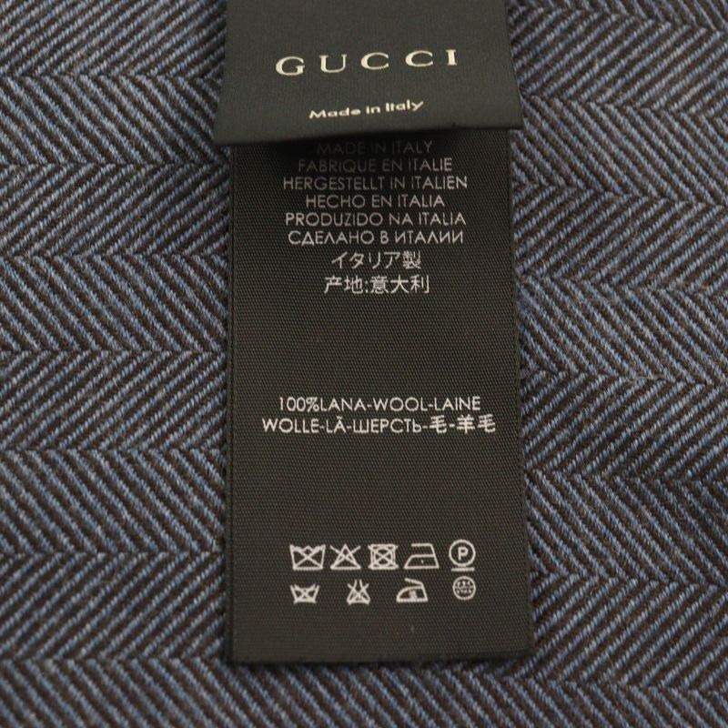 Gucci 344993 Wool Cles Stole Scarf With Fringe Blue Herringbone Pattern 40 X